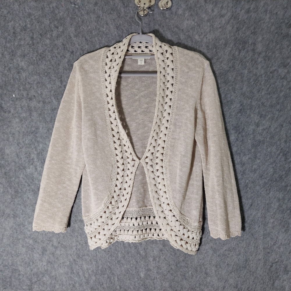 Coldwater Creek Women Cardigan S Beige Boho Coastal Open Front Linen Woven Trim